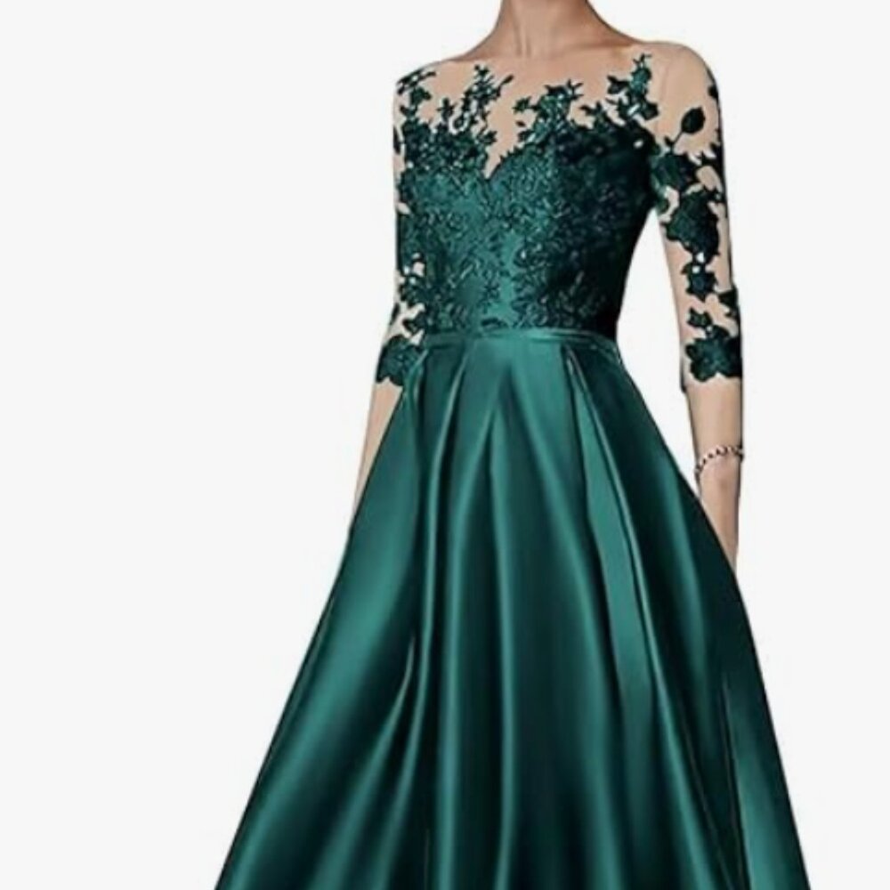 Satin, Lace applique Peacock color High-Low Coctail Dress Sz 24 (Un-altered)